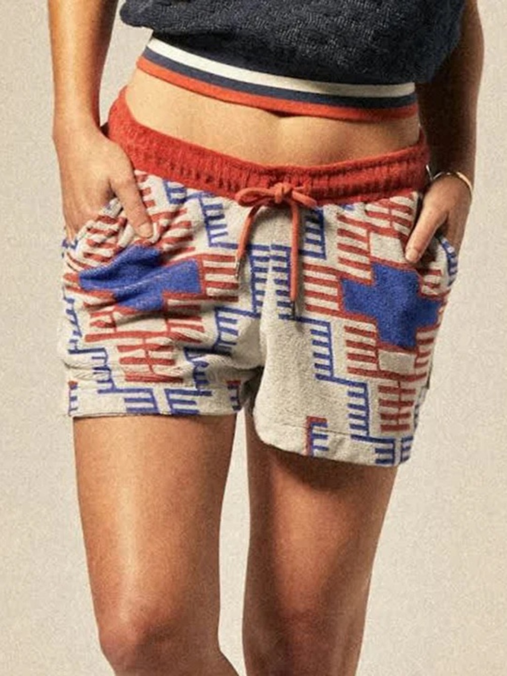 Brixton Red, Blue & Cream Geometric Terry Athletic Shorts